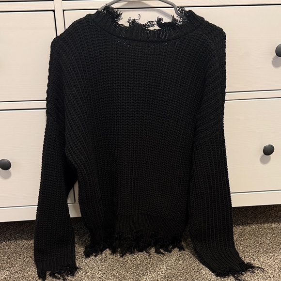 Love Tree Black V-Neck Distressed Sweater - Picture 3 of 3